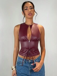 SHEIN BAE 女士勃艮第纯色仿 PU 皮革休闲镂空金属拉链抽绳腰部修身短款背心、秋季上衣、返校、圣诞节女士上衣/安哥拉红上衣/秋季复古勃艮第上衣 - 酒紅色 - 查看 3