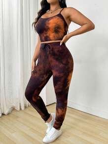 SHEIN EZwear 大码扎染吊带背心和裤子 2 件套（随机扎染），适合夏季 - 棕色 - 查看 5