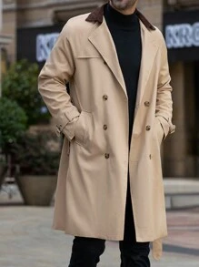 Manfinity Homme Abrigo de gabardina informal de doble botonadura con cuello de contraste para hombre, primavera otoño