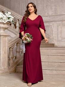 SHEIN Belle Vestido Sereia Stretch de Malha com Decote V Grande nas Costas, Mangas Bufantes com Aplicações, Elegante e Romântico na Cor Borgonha, Adequado para Casamentos, Festas, Vestidos de Dama de Honra, Vestido de Manga Longa, para o Dia dos Namorados - Vinho - Visão 3