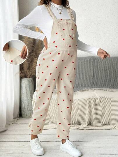 SHEIN Maternity Heart Pattern Sleeveless Jumpsuit With Ruffle Hem