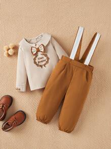 SHEIN European & British Style Gentleman's Outfit, Olive Leaf Embroidered English Text Collar Casual Shirt + Bow Tie + Suspender Pants 2pcs Set, Dapper & Fashionable Suitable For Birthday Party, Wedding, Large Events - White - View 4
