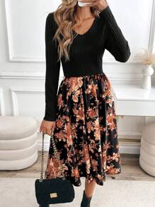 SHEIN Clasi 女士秋冬 V 领花卉印花长袖优雅连衣裙，百搭 - 黑色 - 查看 7