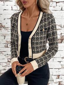 SHEIN Clasi 1 Áo khoác cardigan dáng ngắn phối màu cho nữ, họa tiết kẻ caro, thanh lịch cho mùa thu/đông - Màu be - Xem 6