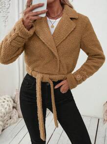 SHEIN Clasi Women's Furry Short Jacket With Ribbed Hem, Autumn/Winter