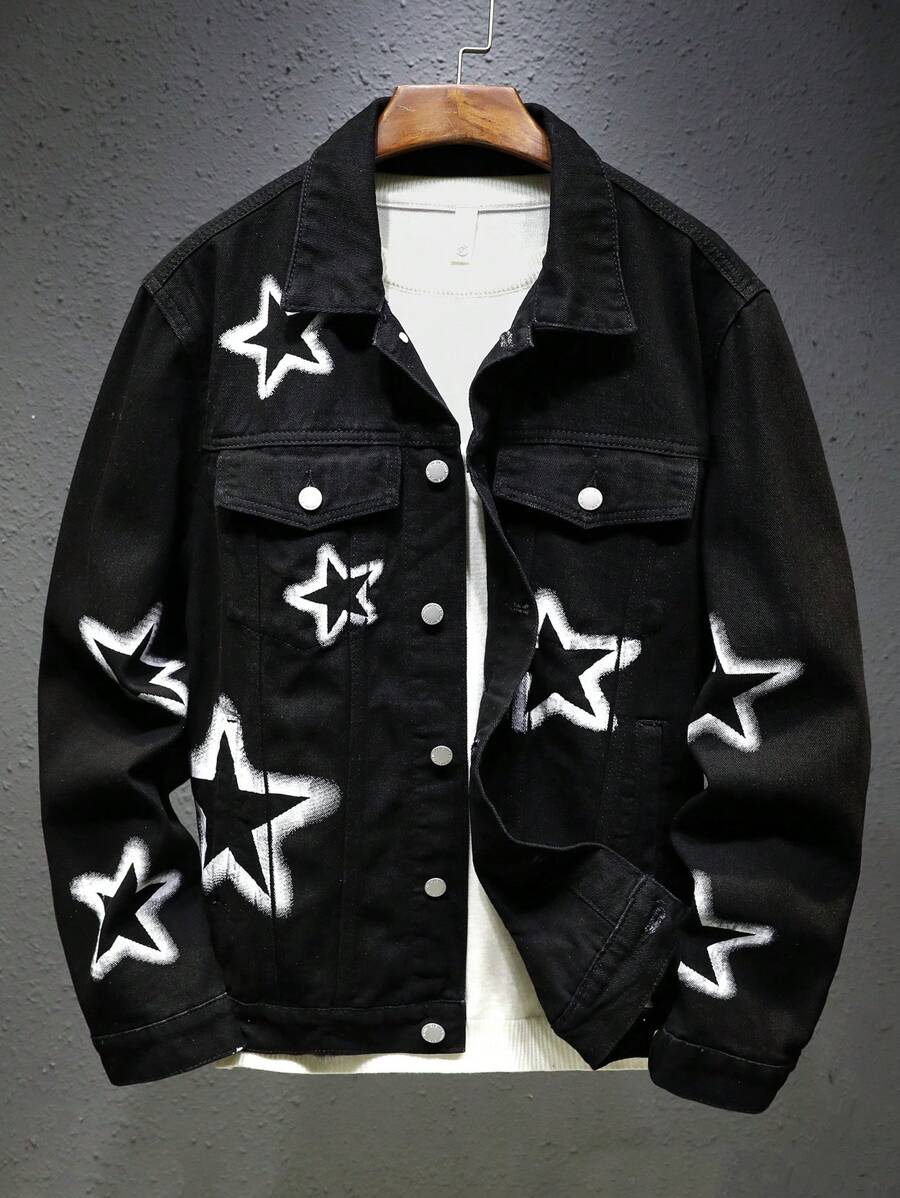 Manfinity EMRG Áo khoác nam Graffiti Star dáng rộng denim giặt đen - màu đen - Xem 1