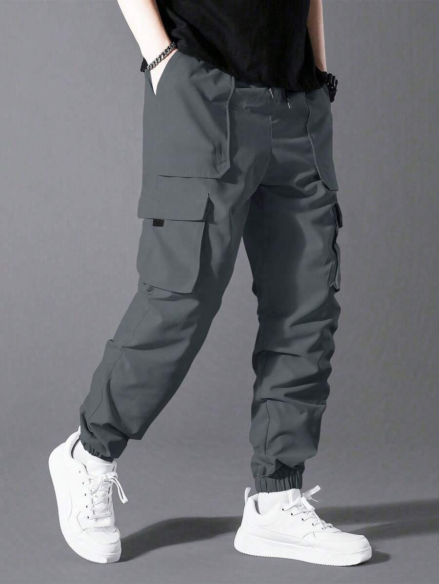 Manfinity Homme Men's Casual Street Style Solid Color Drawstring Waist Flap Pocket Cargo Pants, Fall - Dark Grey - View 1