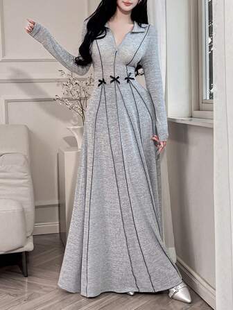 Feyla 여성용 우아한 리본 장식 컬러블록 트림 모듯 장거리 긴팔 아라비아풍 긴 드레스, 가을용