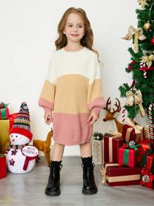 年轻女孩粉白杏色拼色圆领宽松休闲毛衣长裙，适合秋冬季，非常适合秋冬季休闲日常穿着和学校日常穿着，适合圣诞节、女孩冬装、圣诞服装、派对服装、日常穿着、学校日常穿着、生日服装、公主服装、妈妈和女儿和姐妹搭配、情人节 - 粉色 - 查看 3