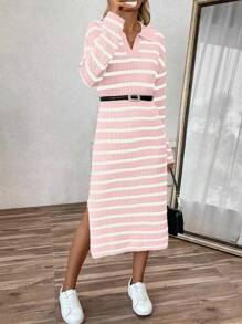 Chiquease Women's POLO Collar V-Neck Striped Low-Cut Casual Long Knit Sweater Dress