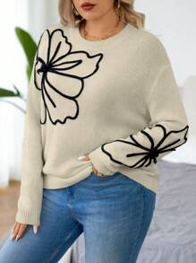 EMERY ROSE Plus Size Round Neck Long Sleeve Floral Pattern Detail Minimalist Casual Pullover Sweater, For Winter Knit Pullover Fall Sweater - Apricot - View 3