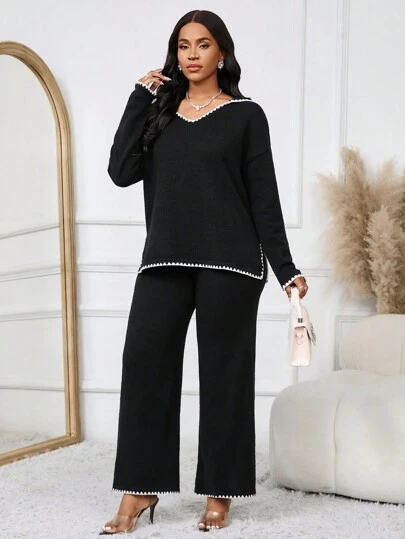 SHEIN Lady 2 件套女士针织水手领毛衣和长裤套装