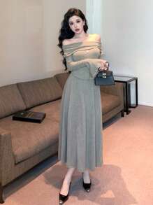 DAZY Women Off-Shoulder Top And Skirt 2pcs Set,Fall Clothes - Apricot - View 8