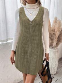 SHEIN LUNE LanaWest 新款秋冬玉米格纹针织罗纹圆形金属拉链无袖短款女连衣裙 - 綠色 - 查看 4