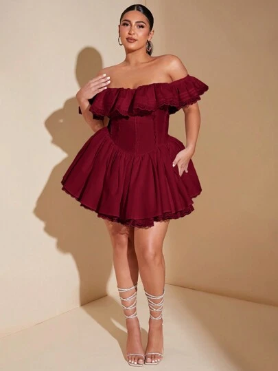 SHEIN BAE Váy trễ vai thanh lịch viền ren nhún cỡ lớn, ren ngọt ngào và gợi cảm, váy dự tiệc cưới, váy dạ hội, trang phục dự tiệc sáng muộn thanh lịch cho phụ nữ, váy sinh nhật cho phụ nữ, váy dự tiệc