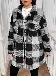 SHEIN LUNE Double-Sided Fuzzy Plaid Printed Front Button Long Sleeve Plus Size Jacket Winter Clothes - Multicolor - View 6