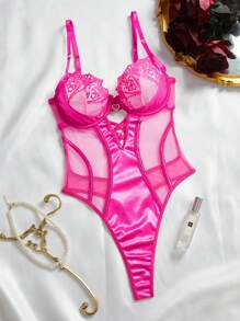 Romantic Embroidered Spaghetti Strap Sexy Bodysuit Lingerie For Going Out - Hot Pink - View 6