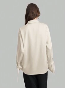 Ontre Women Tie Front Shirt, Minimalist Design With Tie Cuffs Bow Top Baggy Shirts