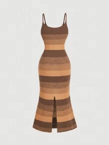 SHEIN MOD Vestido sudadera casual con rayas en tonos de la tierra, bajo con abertura, para mujer. Vestido de punto de otoño/invierno, Año Nuevo, vestidos de punto, térmica, sport elegante, fiesta