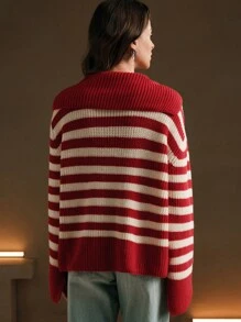 Anewsta Striped Contrast Color Lapel Loose Urban Women Sweater Knit Pullover Fall Winter Outfit - Red - View 2
