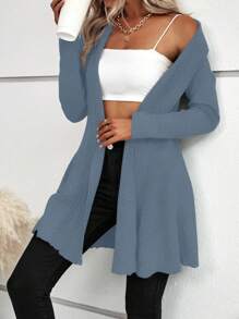 SHEIN LUNE 1 pieza Cárdigan elegante de manga larga de punto de unicolor, adecuado para el trabajo - Neblina azul - Ver 5