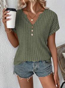 Wandoria Women's Plain V-Neck Batwing Short Sleeve Casual T-Shirt - Green - View 3