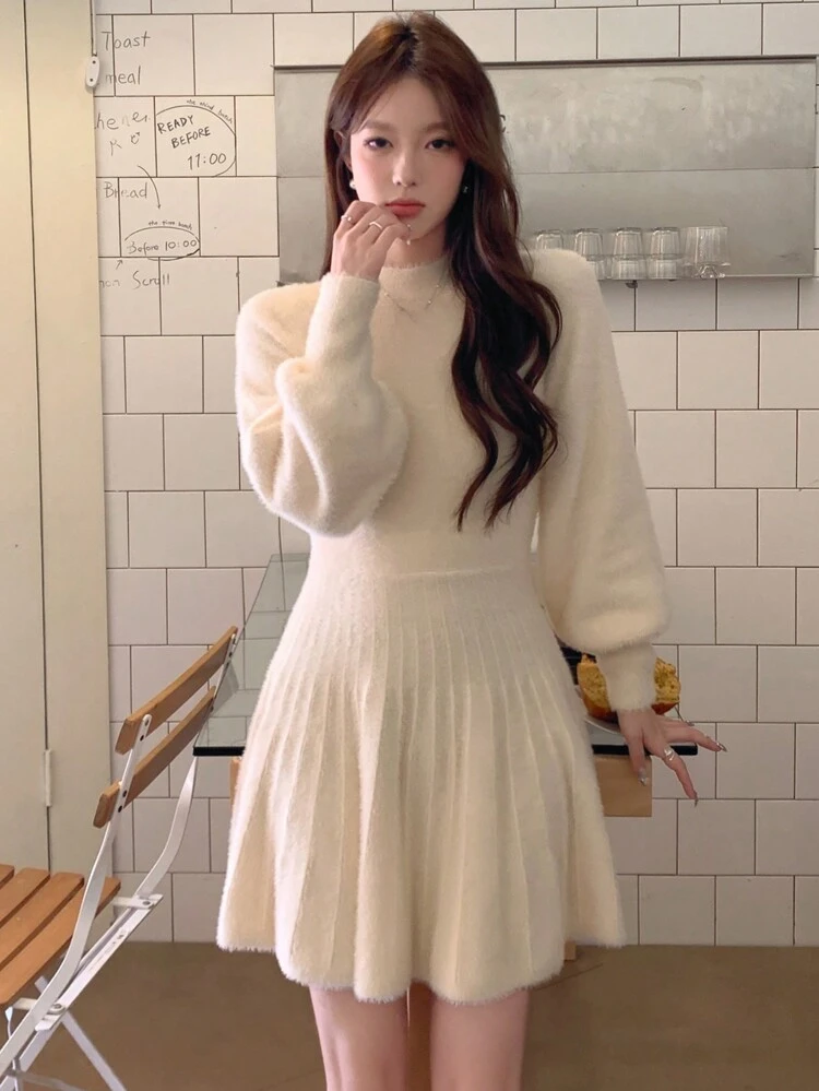 1pc Women Solid Color Stand Collar Short Knitted Long Sleeve Sweater Dress, Autumn/Winter,Fall Women Clothes