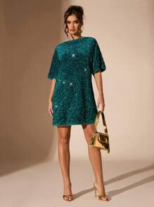 SHEIN BAE Women's Sequin Backless Straight A-Line Loose Casual Minimalist Party Short Dress, Versatile