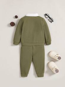 SHEIN Leap Crew 2 件套男婴针织拼接领夹克和裤子套装 - 軍綠色 - 查看 2