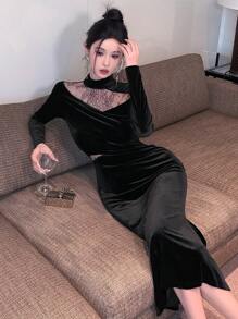 DAZY 蕾丝拼接立领中长连衣裙，优雅大方，适合秋季穿着，长袖设计，亦可作为舞会礼服或新年晚礼服。 - 黑色 - 查看 7