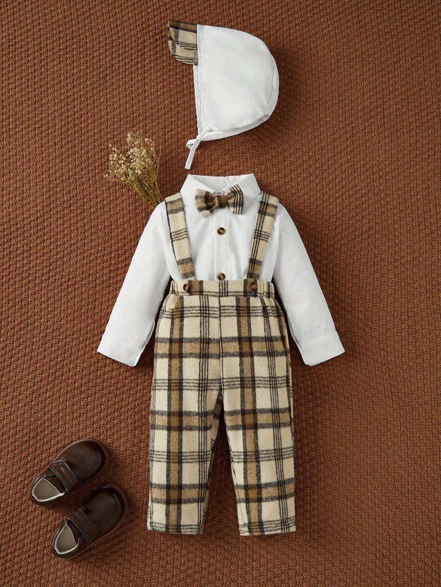 SHEIN Conjunto de 3 piezas para bebés niños - Camisa de manga larga blanca + Pantalones largos a cuadros estilo caballero, apto para uso en exteriores y en casa, otoño/invierno - Multicolor - Ver 1
