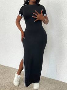 Xyvia Đầm Maxi xẻ tà cổ tròn màu tương phản ôm vừa vặn cho nữ mùa xuân hè - màu đen - Xem 5