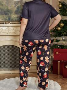 Plus Size Christmas Element Pattern Print Crew Neck Short Sleeve Top & Pants Pajama Set Gingerbread Pajamas - Black - View 2