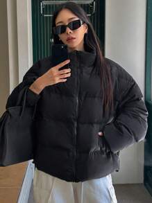 DAZY Women's Casual Solid Color Regular Stand Collar Loose Warm Down Jacket, Winter Style, Winter Women Clothes, Padded Coat Women