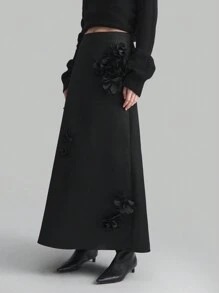 Ontre Women's 2025 Spring Floral Embellished Elegant Minimalist A-Line Skirt, Black Holiday Essential For Tall - Black - View 5