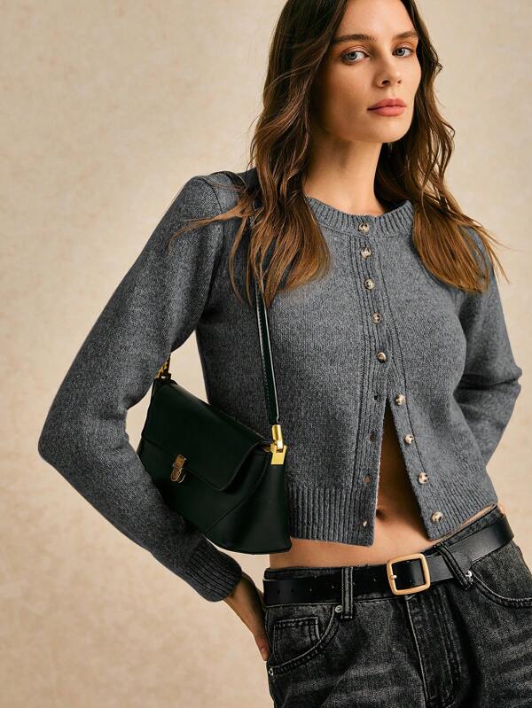 Poéselle Toamnă și iarnă pentru femei, cu mânecă lungă, cu un singur piept, ocazional, scurt, tricot din lână, cardigan gros, pulover scurt, pulovere drăguț, haine de toamnă pentru femei, topuri pentru ieșiri, femei casual de afaceri, pulovere de toamnă, ținute de birou, pulovere de bază