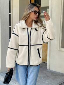 Serisse Women Casual Contrast Piping Drop Shoulder Loose Zip-Up Fleece Winter Lamb's Clash Color Long Sleeve Jacket, Autumn/Winter Teddy Coat Winter Women Coat Facecloth Jacket White - White - View 5