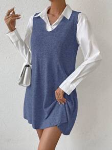 Calvaya Women V-Neck Knit Sweater Dress, Casual For Autumn/Winter