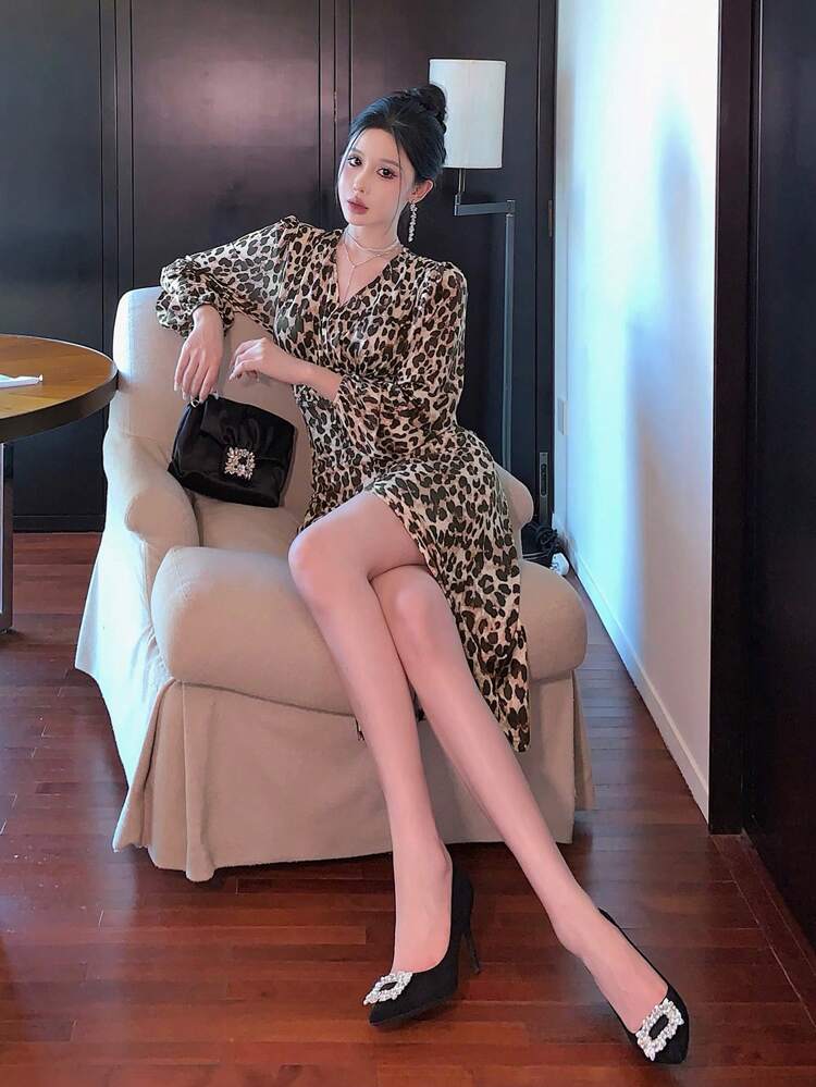 V-Neck Full Body Leopard Print Split Long Sleeve Midi Dress For Women Cheetah Print,Fall Clothes