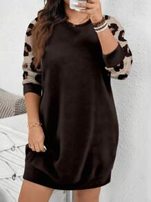 SHEIN LUNE 豹纹休闲简约大码插肩袖运动衫，秋冬款