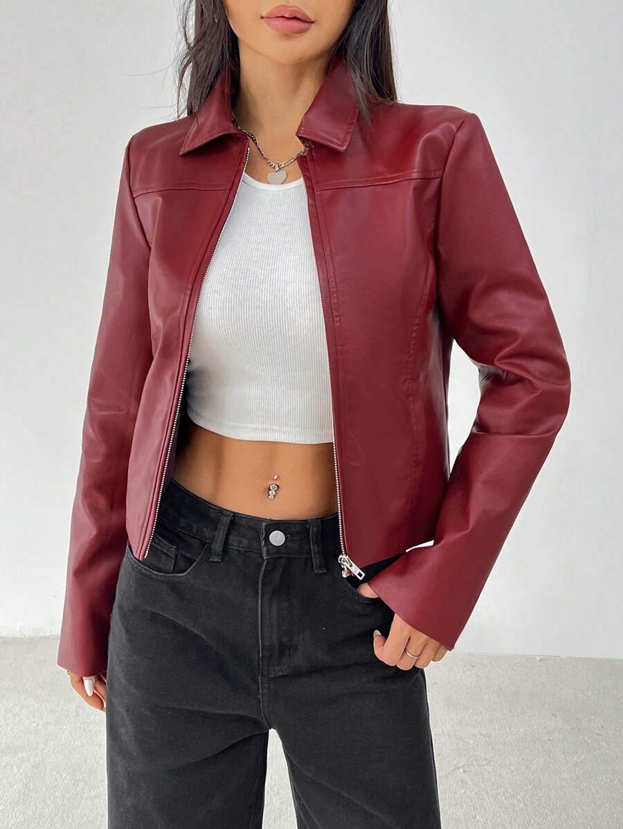 SHEIN PETITE Women Solid Minimal Collared Long Sleeve Zip Up Red PU Leather Jacket - Burgundy - View 1