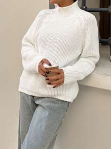 RueChic Casual Turtle Neck Rib Knit Raglan Sleeve Zipper Detailed Asymmetric Cozy Sweater - Beige - View 8