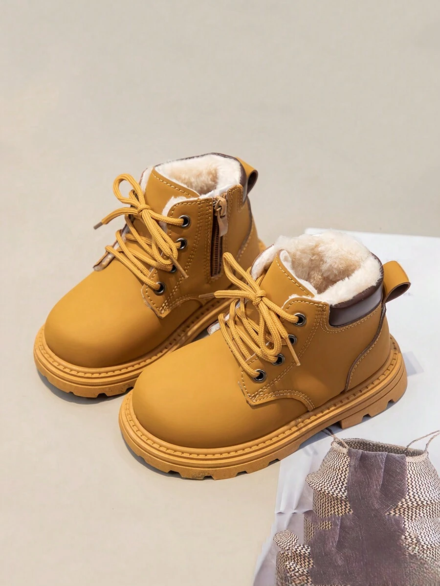 Giày bốt ngắn lót lông ấm áp mới cho trẻ mới biết đi Giày bốt cho bé trai bé gái Giày bốt đế bằng chống trượt đi xe máy cho mùa thu đông - Màu vàng - Xem 1
