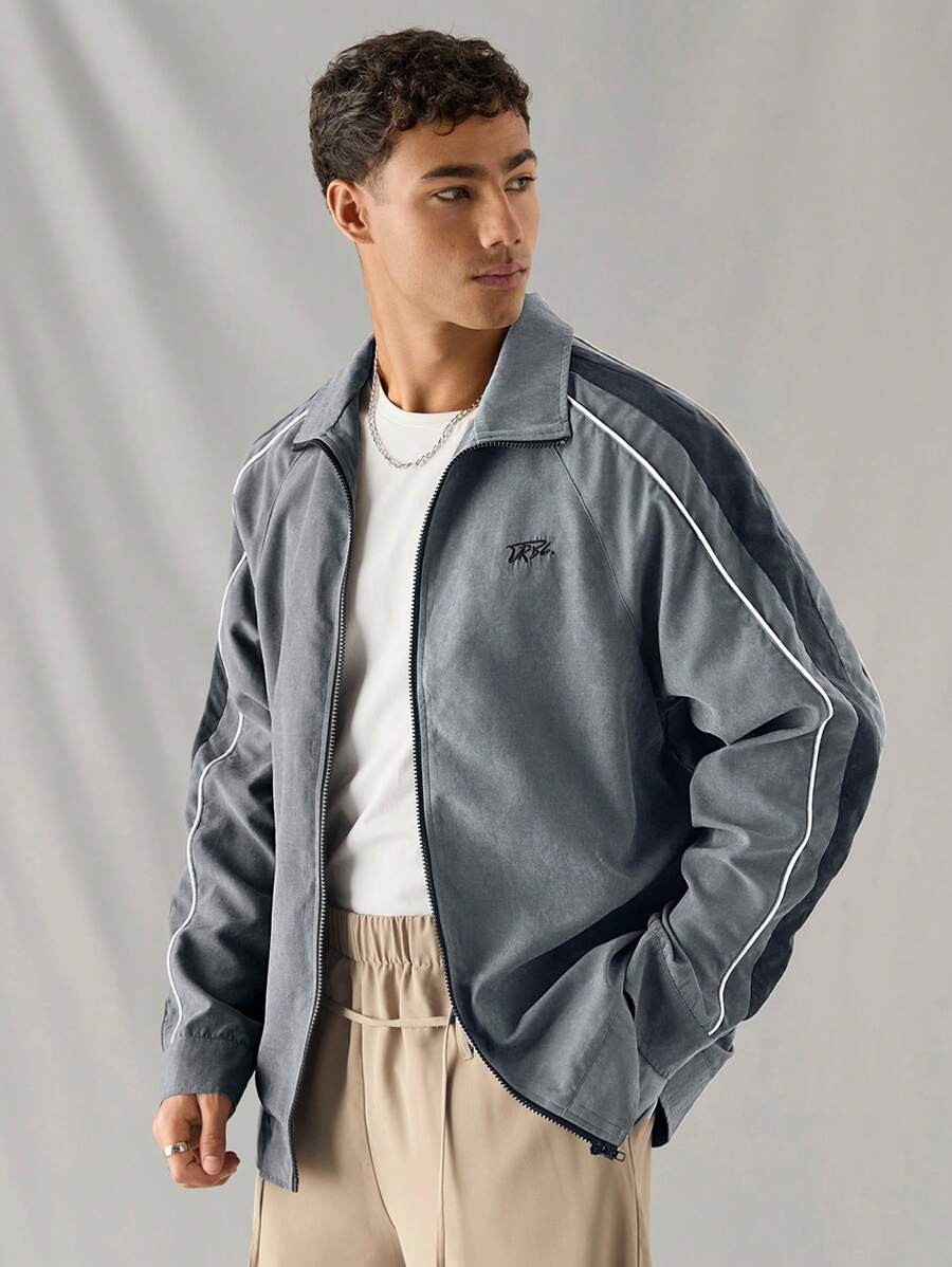 Manfinity VCAY Men's Casual Loose Fit Zip-Up Sherpa Lined Jacket With Embroidered Letters, Youthful & Versatile Style, For Fall Winter - Grey - View 1