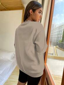 SHEIN Unity Áo nỉ rộng rãi in chữ đa năng thường ngày cho nữ, mùa xuân/thu - màu nâu - Xem 2