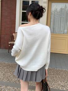 INAWLY Áo len nữ dáng rộng, cổ lệch bất đối xứng, màu trơn, thích hợp mặc mùa thu đông. - Màu be - Xem 2