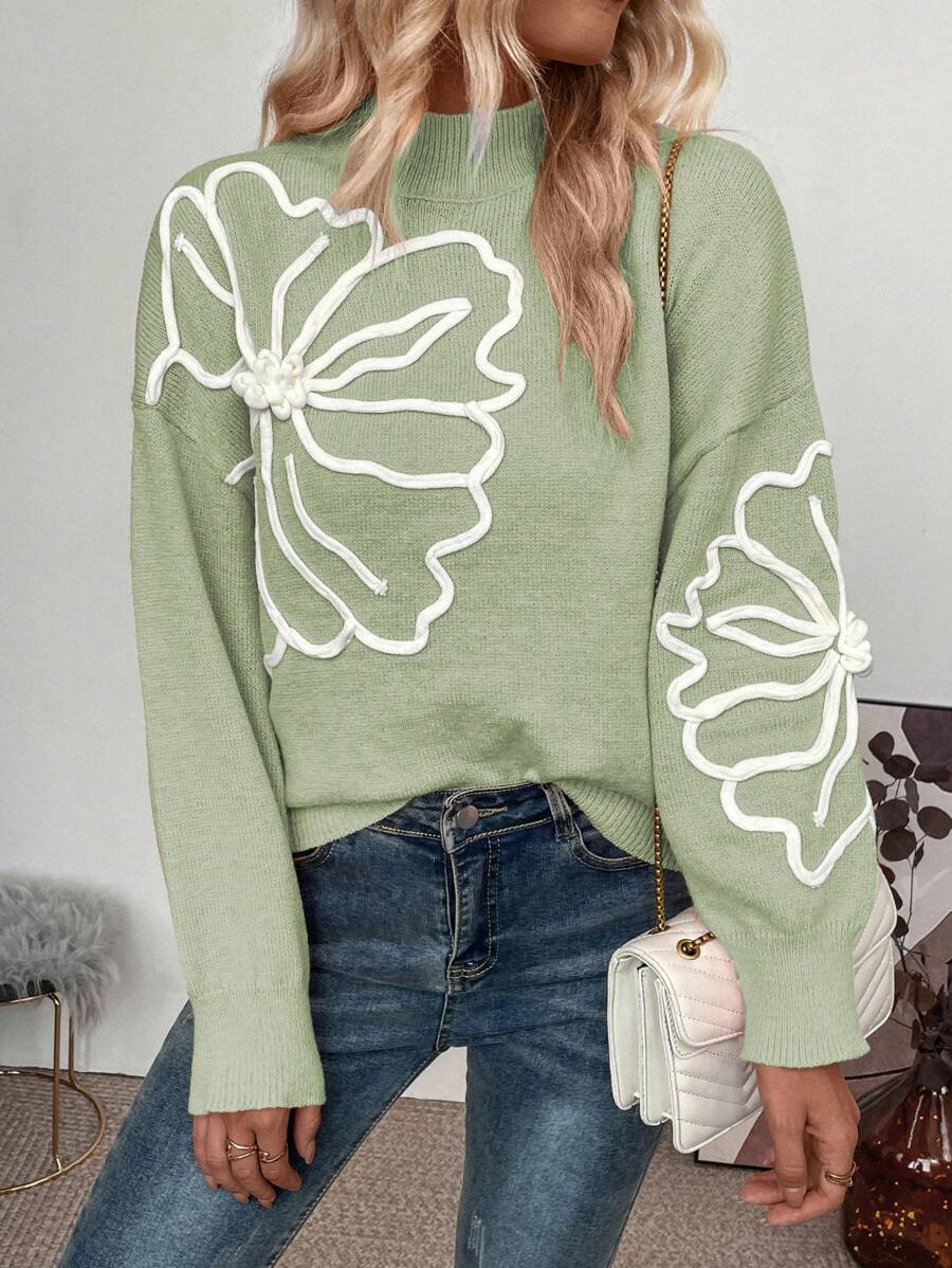 SHEIN LUNE Women Casual Embroidery Floral Pattern Stand Collar Batwing Loose Sweater - Multicolor - View 1