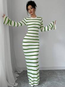 Chiquease Striped Extra Long Backless Tie-Up Flare Sleeve Sweater Dress For Women Fall Cloth For Women - Army Green - View 6