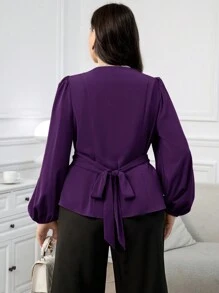 Modelyn Áo cánh tay đèn lồng xếp nếp màu trơn thanh lịch cỡ lớn cho nữ, dáng ôm vừa vặn, mùa xuân/thu - Màu tím - Xem 2