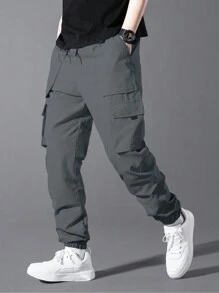 Manfinity Homme Men's Casual Street Style Solid Color Drawstring Waist Flap Pocket Cargo Pants, Fall - Dark Grey - View 4